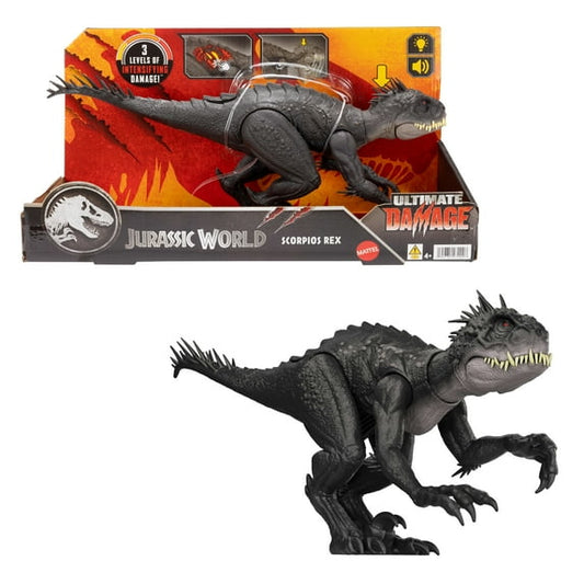 Jurassic World Ultimate Damage Scorpios Rex Dinosaur Toy Figure with Damage, Light & Sound Toy