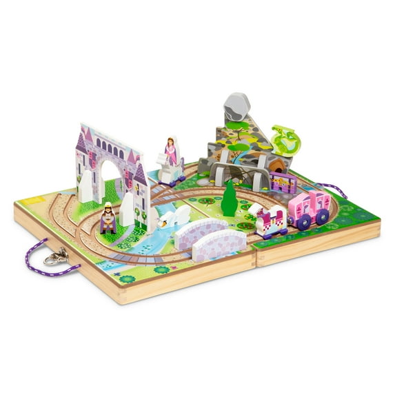Melissa & Doug 19-Piece Wooden Take-Along Tabletop Kingdom Ð Wood Play Pieces, Carriage, Horse, Unicorn, Dragon, Model Train Set, Toddler 3+