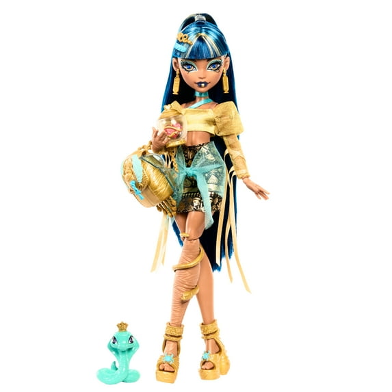 Monster High Cleo De Nile Fashion Doll in Golden Shirt with Pet Hissette and Accessories 
