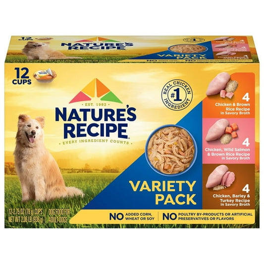 NatureÕs Recipe Chicken, Salmon and Turkey Recipes Variety Pack Wet Dog Food, 2.75 oz. Cup, 12 Count