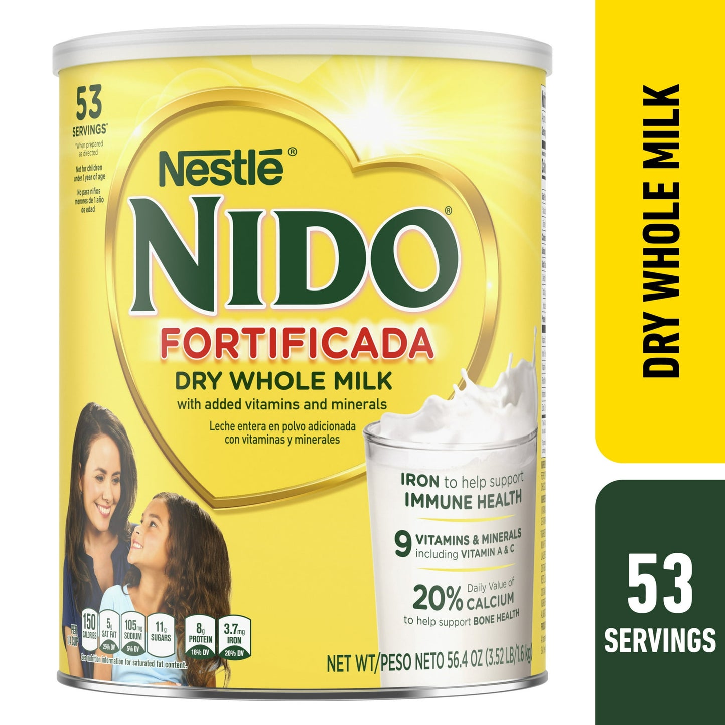 NIDO Fortificada Dry Whole Milk Powder with Vitamins A, C, D, Iron & Calcium, 56.4 oz Canister