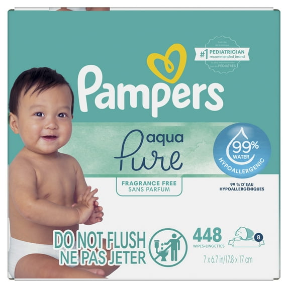 Pampers Aqua Pure Baby Wipes Unscented, 99% Water, 8 Pack, 448 Total Count