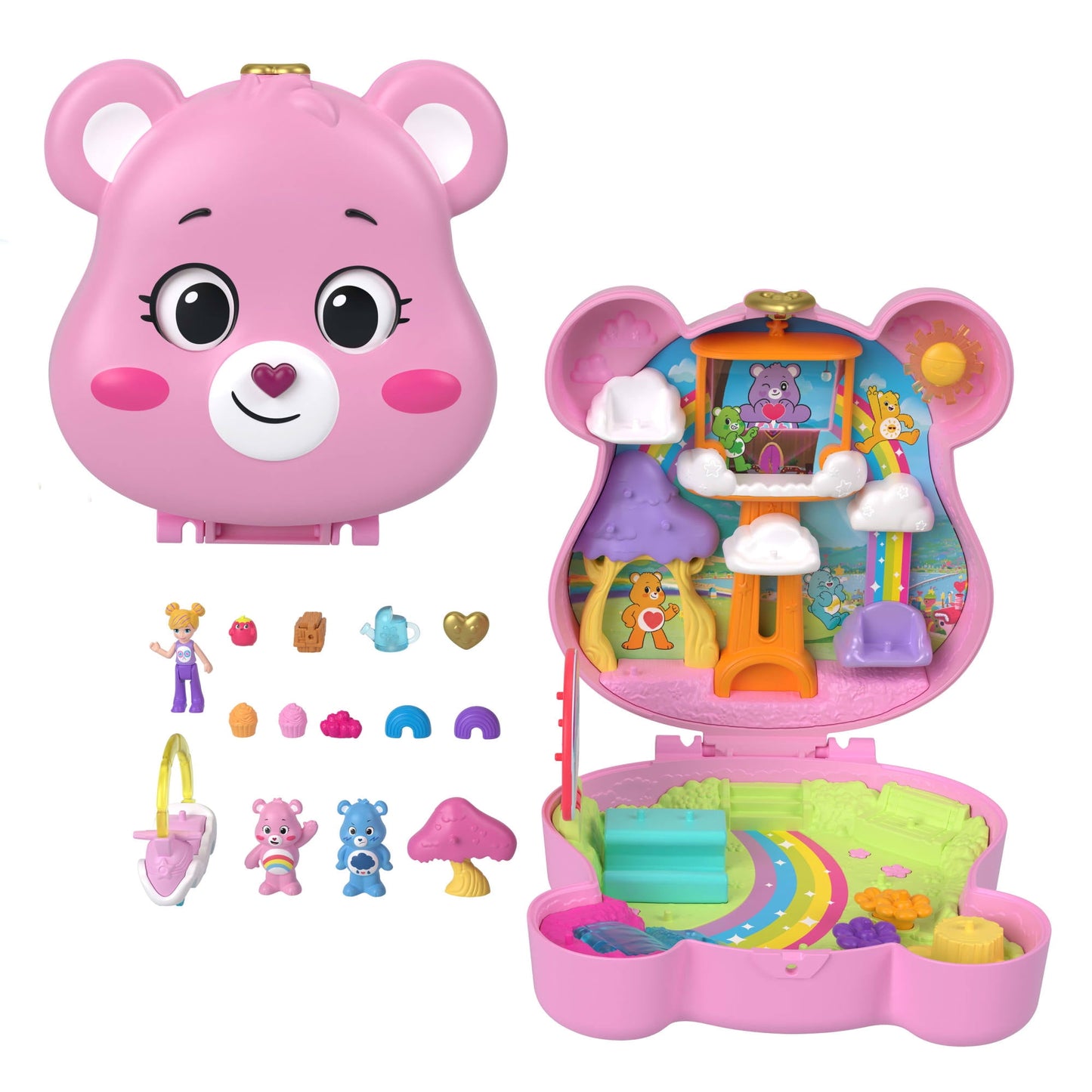 Polly Pocket x Care Bears Dolls & Playset with Toy Car and Themed Accessories, Compact Travel Toy
