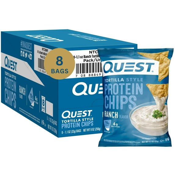 Quest Tortilla Style Protein Chips with 19g of Protein, Ranch Flavor, 1.1 Oz Bags, 8 Count