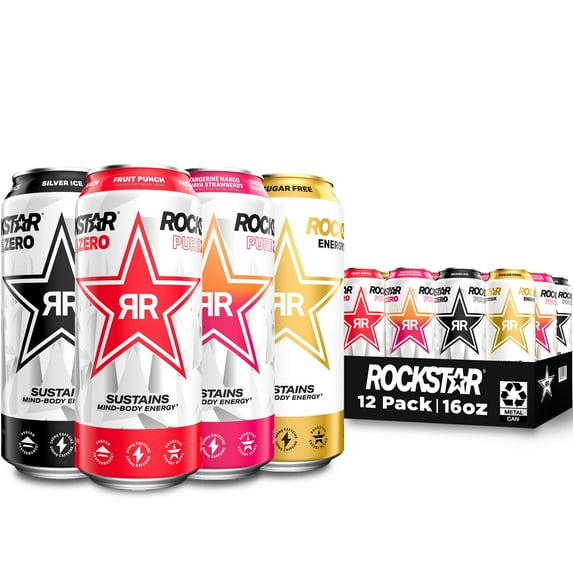 Rockstar Pure Zero 4 Flavor Variety Pack Energy Drink, 16 fl oz, 12 Pack Cans