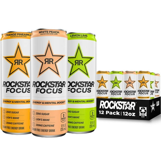 Rockstar Focus Zero Sugar Energy Drink, 3 Flavor Variety Pack, LionÕs Mane, Energy & Mental Boost, 12 oz 12 Pack Cans