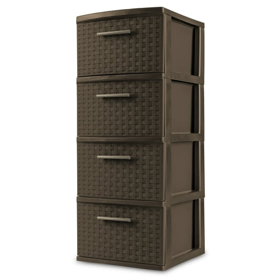 Sterilite 4 Drawer Weave Tower, Plastic DŽcor Drawers with Pull Handles, Brown