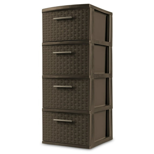 Sterilite 4 Drawer Weave Tower, Plastic DŽcor Drawers with Pull Handles, Brown
