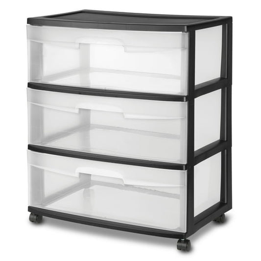 Sterilite Wide 3 Drawer Cart, Clear Plastic Storage Drawers, Wheels Included, Black