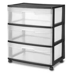 Sterilite Wide 3 Drawer Cart, Clear Plastic Storage Drawers, Wheels Included, Black