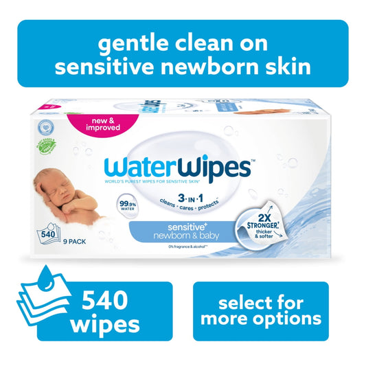 WaterWipes Sensitive+ Newborn & Baby Wipes, 3-In-1 Cleans, Cares, Protects, 99.9% Water, Unscented & Hypoallergenic, 9 Packs (540 Wipes)
