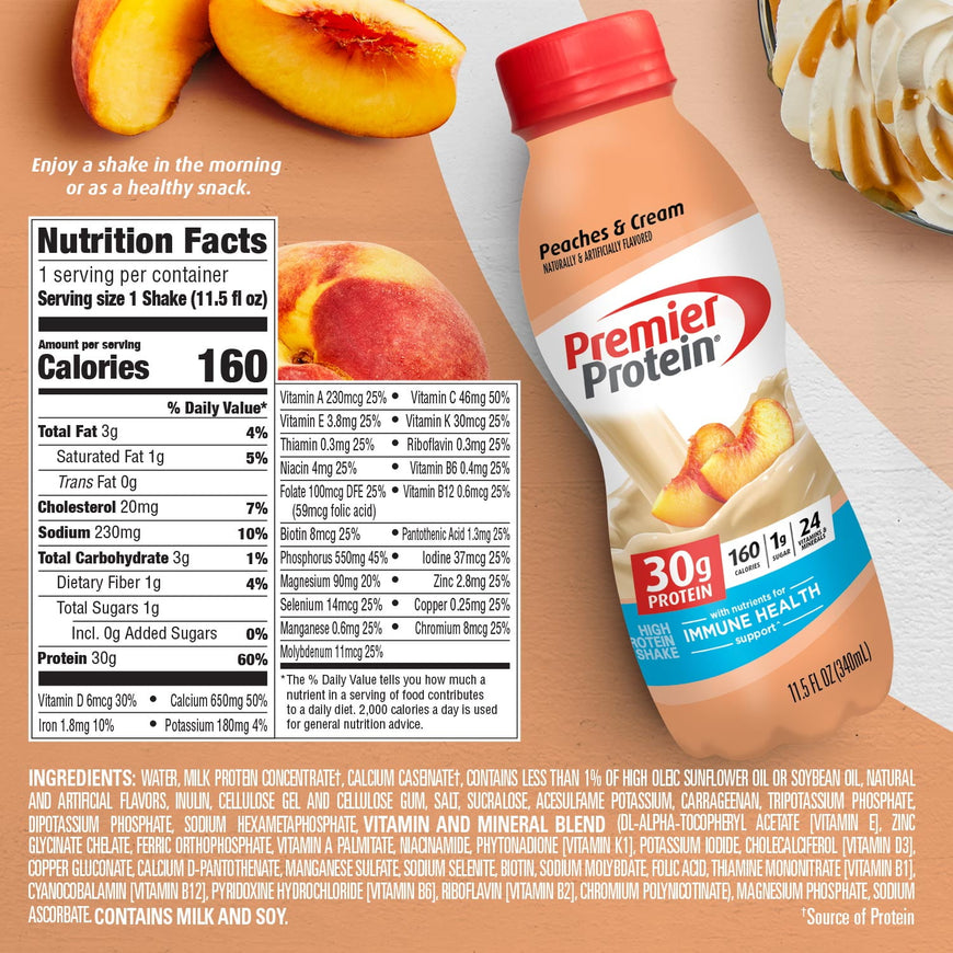 Premier Protein Shake, Peaches & Cream, 30g Protein, 11.5 fl oz, 12 ct