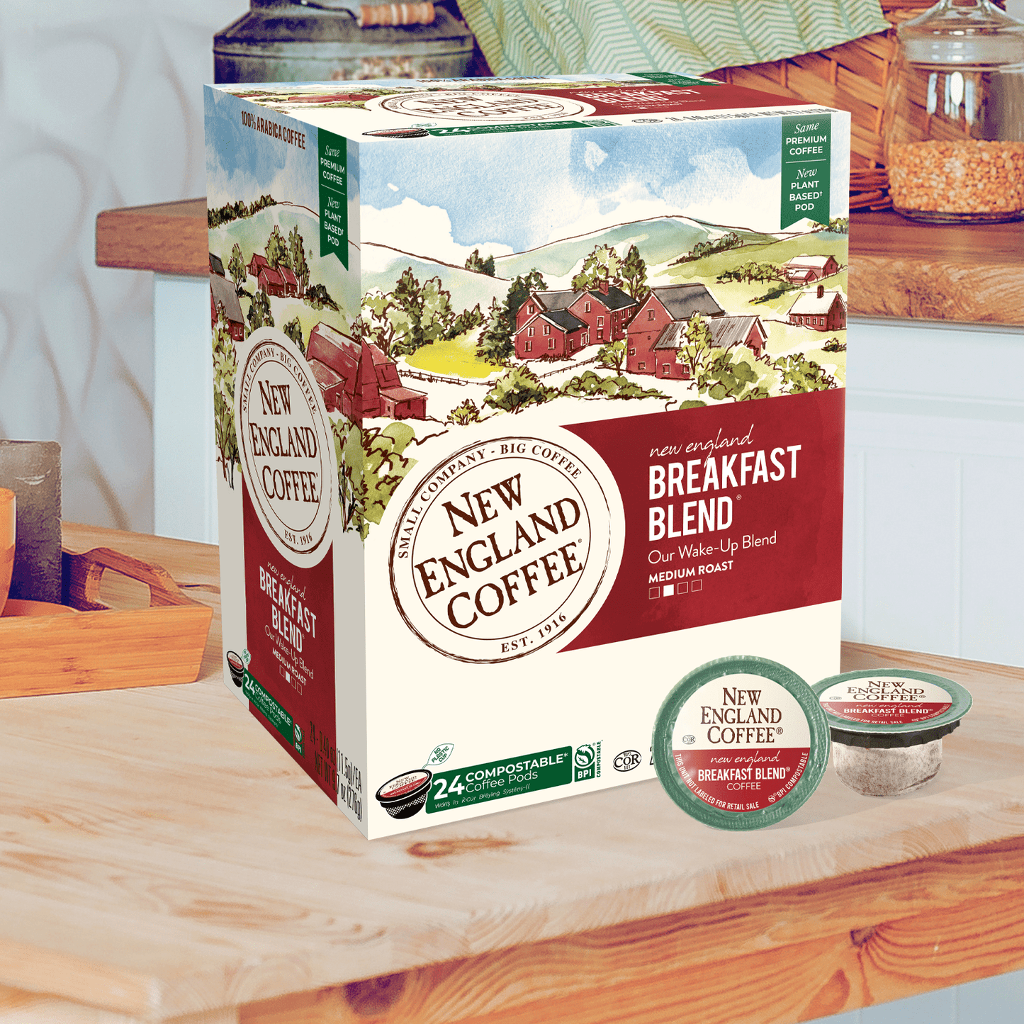 New England Coffee Breakfast Blend, Medium Roast, Single Serve Pods, 24 Count Box