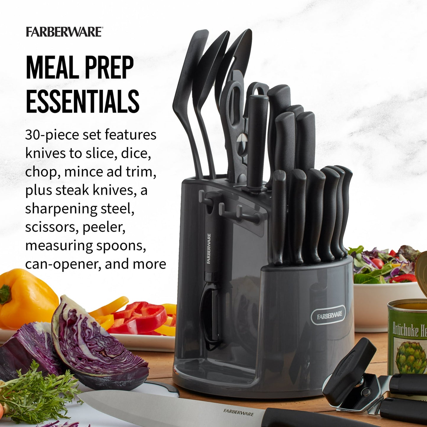 Farberware Classic 30-Piece Spin-N-Store Rotating Carousel Stainless Steel Knife Set & Tool Set Gray