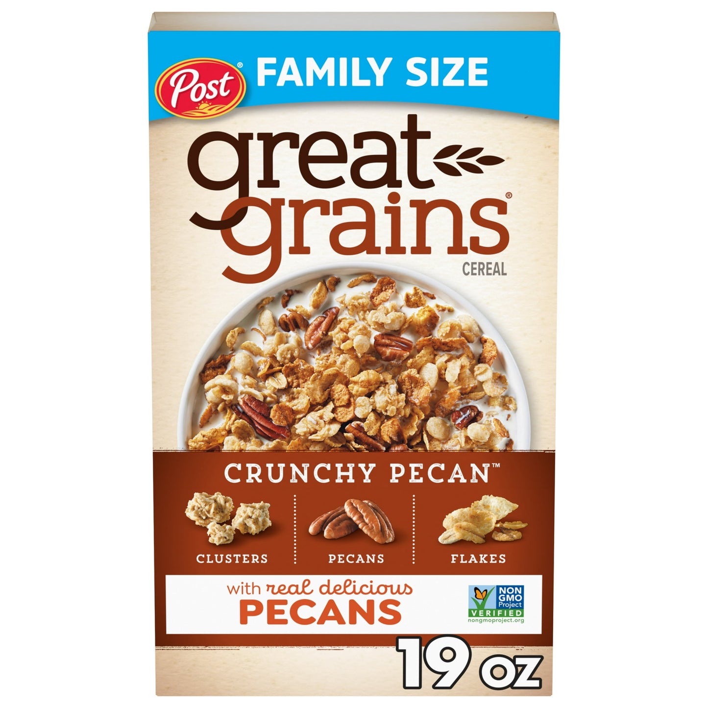 (3 pack) Post Great Grains Crunchy Pecan Breakfast Cereal, Non GMO, Heart Healthy, Low Fat, Whole Grain, 19oz