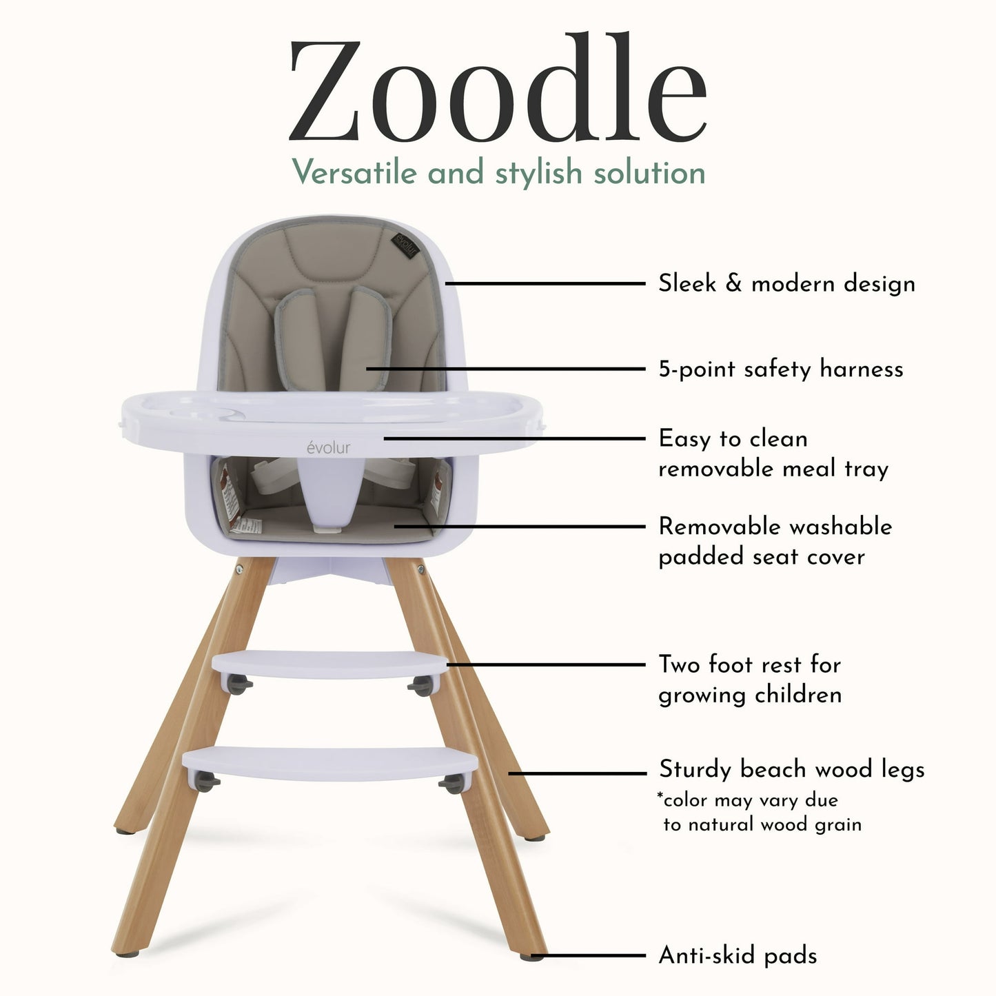 Evolur Zoodle 2-in-1 High Chair Booster Feeding Chair with Modern Design, Light Grey (Model #254)