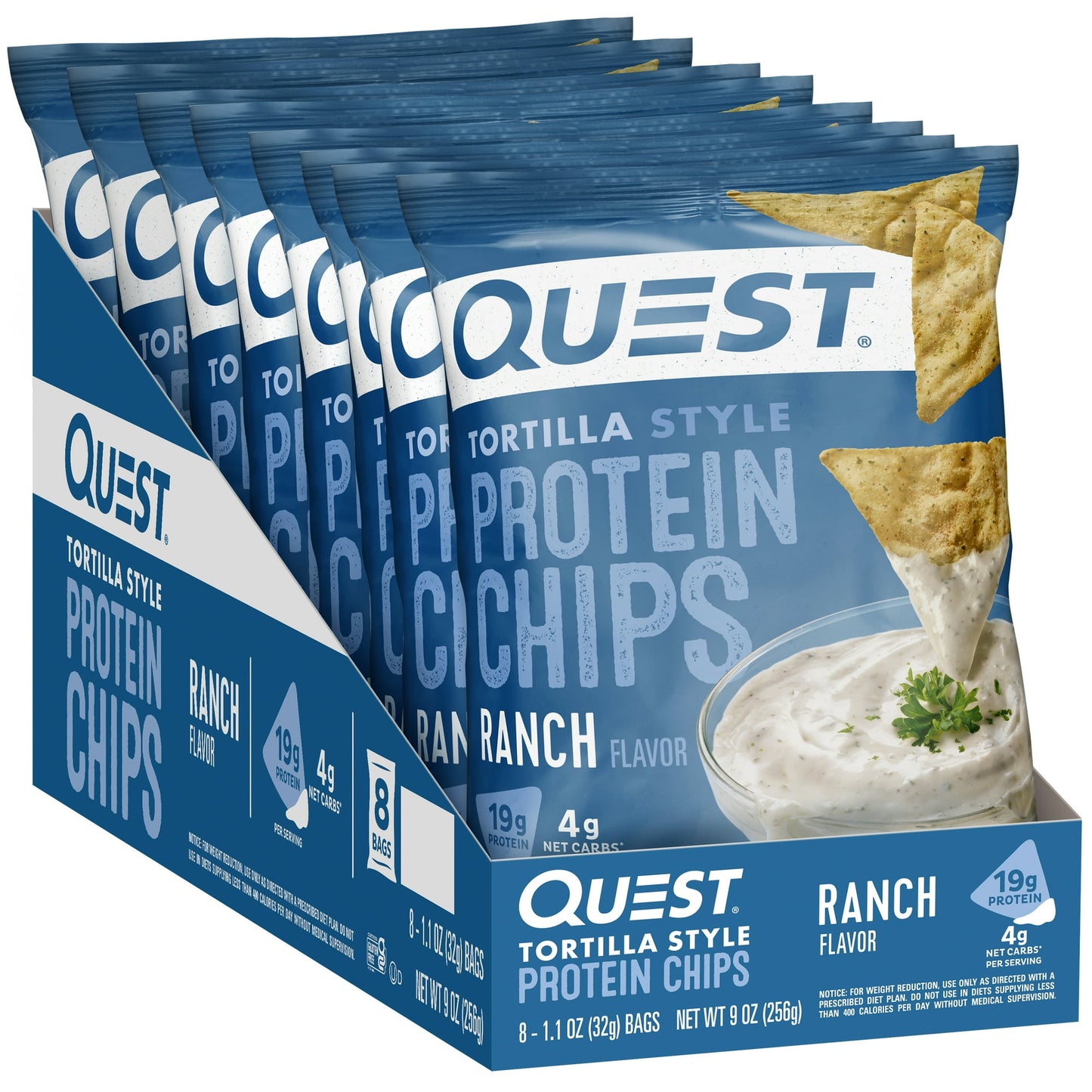 Quest Tortilla Style Protein Chips with 19g of Protein, Ranch Flavor, 1.1 Oz Bags, 8 Count