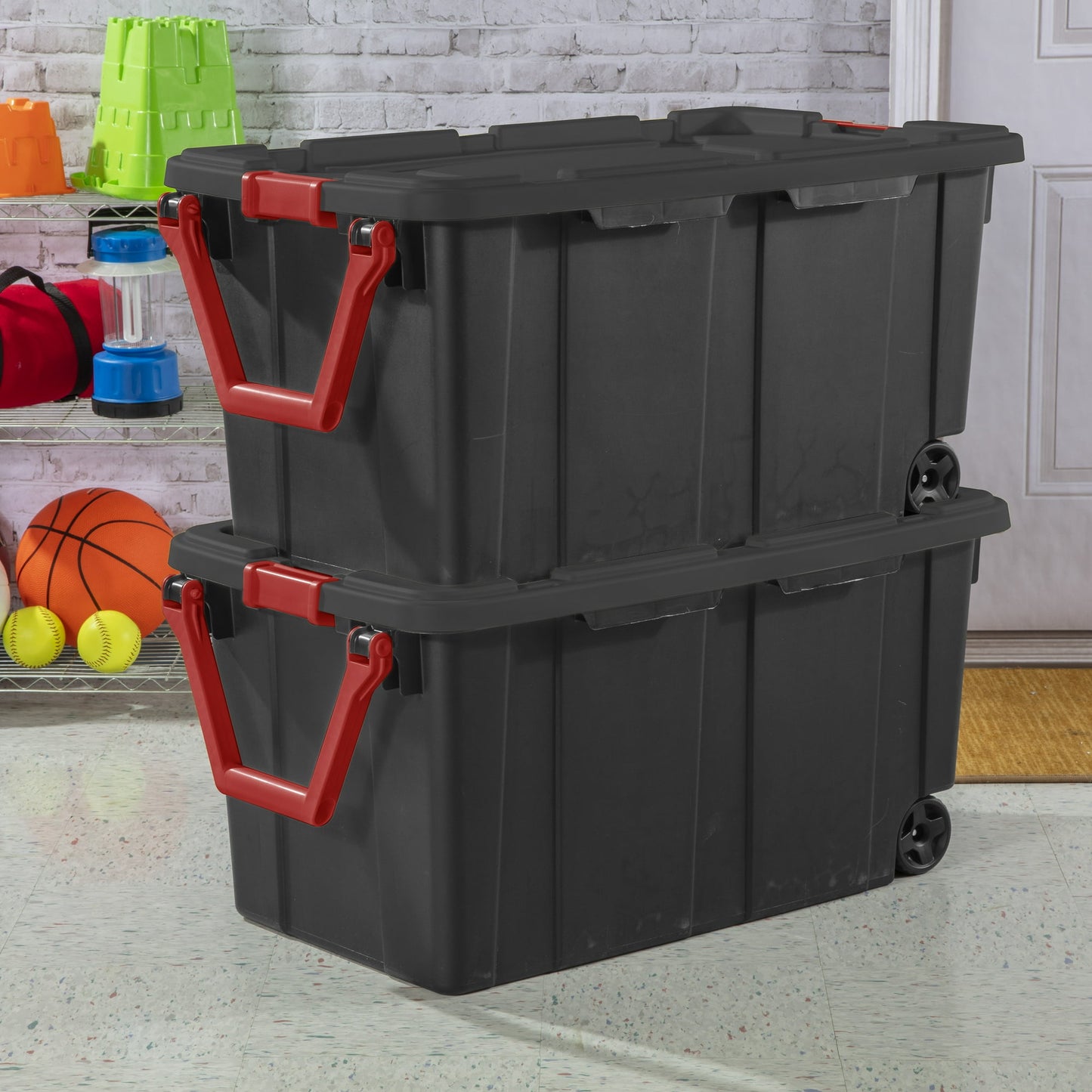 Sterilite Extra Large Storage Bin, 40 Gallon Wheeled Plastic Storage Container with Handle, Black, Pack of 2, Industrial