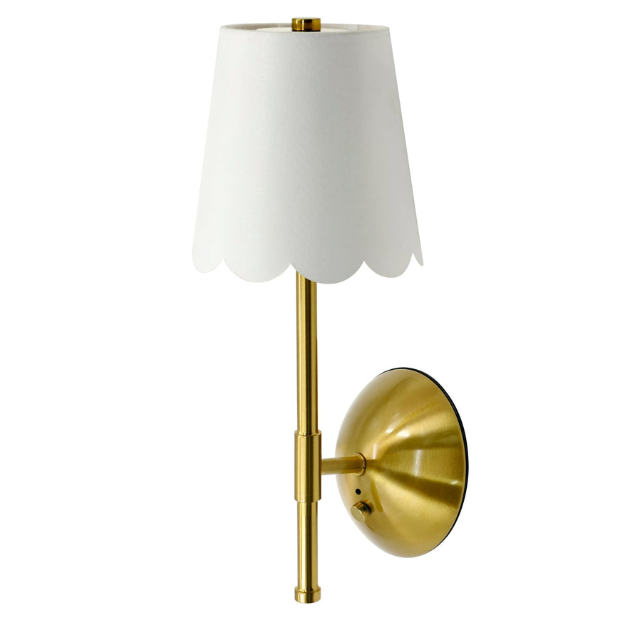 Home Decor Collection Sterling & Noble Home Cordless Brass Rechargeable Wall Sconce with Scalloped Fabric Shade and Remote