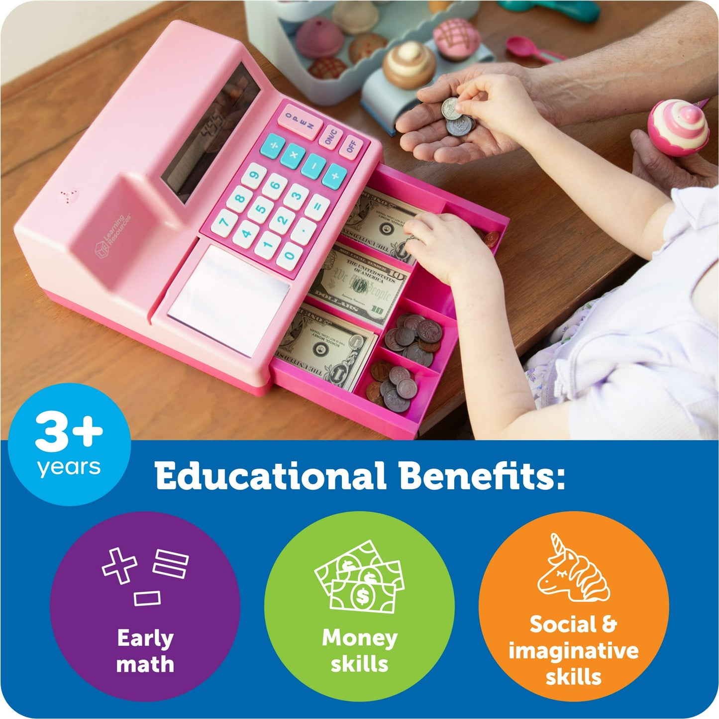 Learning Resources Pretend and Play Calculator Cash Register, Pink Ages 3 and Up
