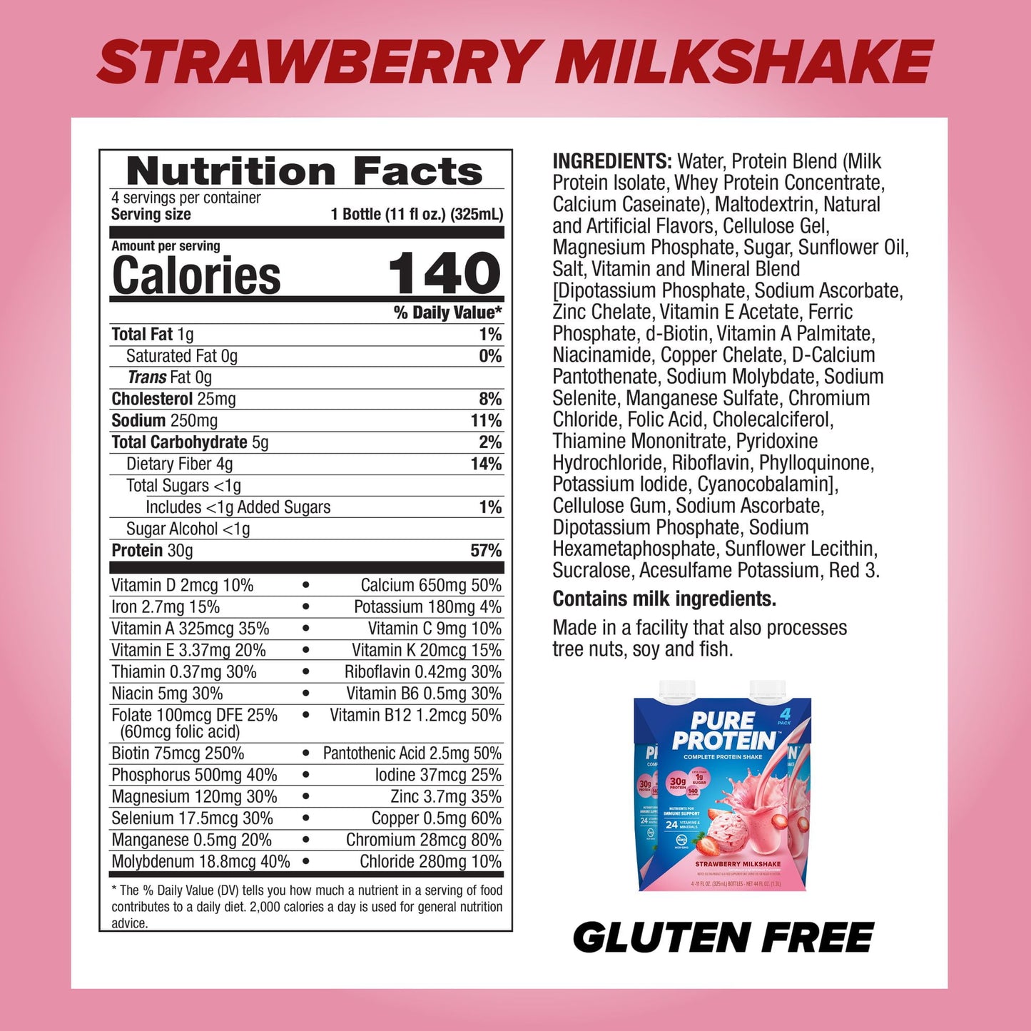 (3 pack) Pure Protein Strawberry Milkshake Complete Protein Shake, 11 fl oz, 4 Ct