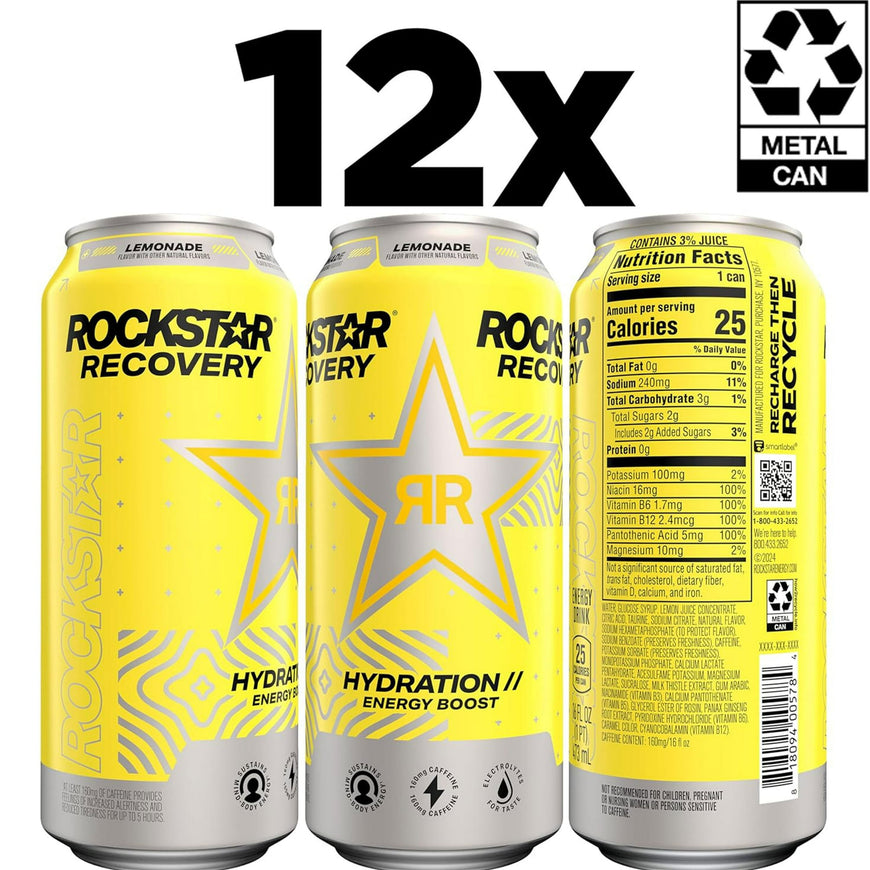 Rockstar Recovery Lemonade Energy Drink, 16 fl oz, 12 Pack Cans