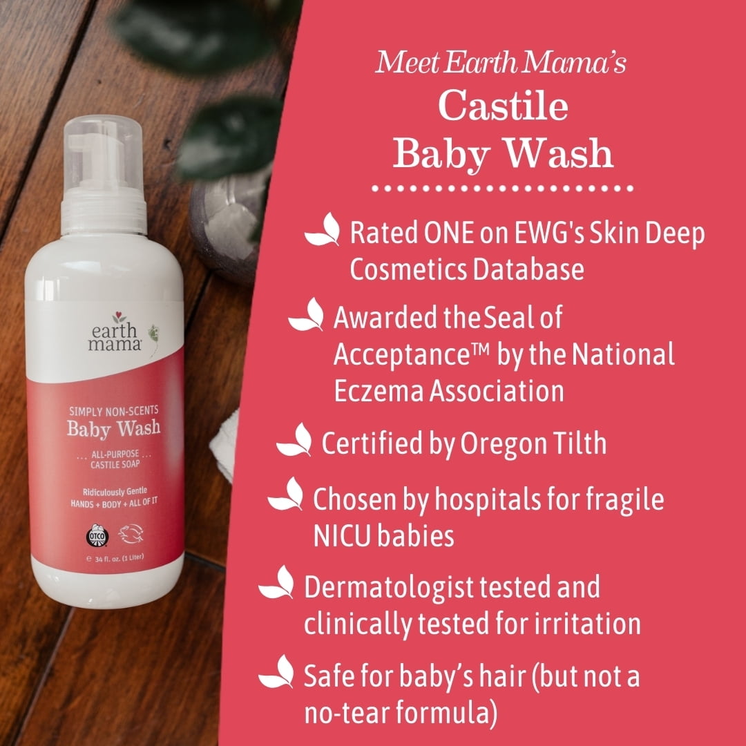 Earth Mama Simply Non-Scents Baby Wash, Castile Soap for Sensitive Skin, Unscented, 34 fl oz