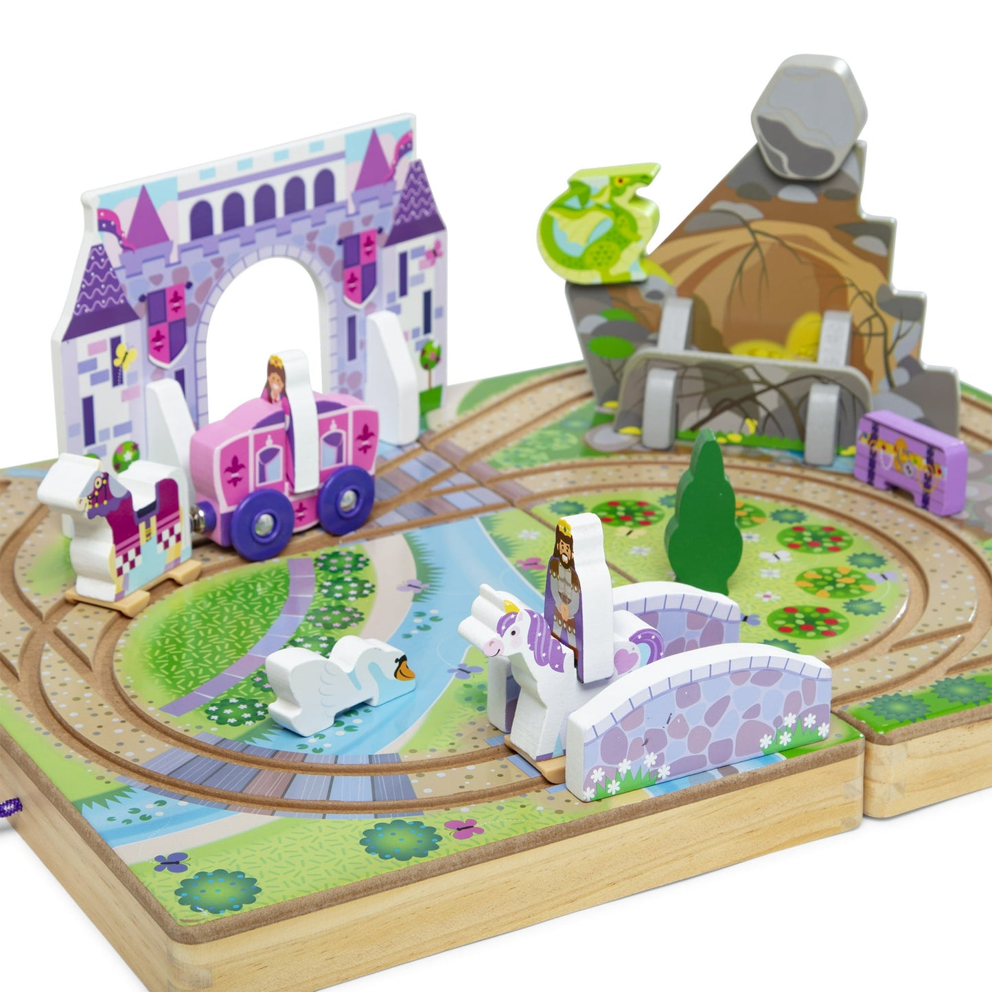 Melissa & Doug 19-Piece Wooden Take-Along Tabletop Kingdom Ð Wood Play Pieces, Carriage, Horse, Unicorn, Dragon, Model Train Set, Toddler 3+