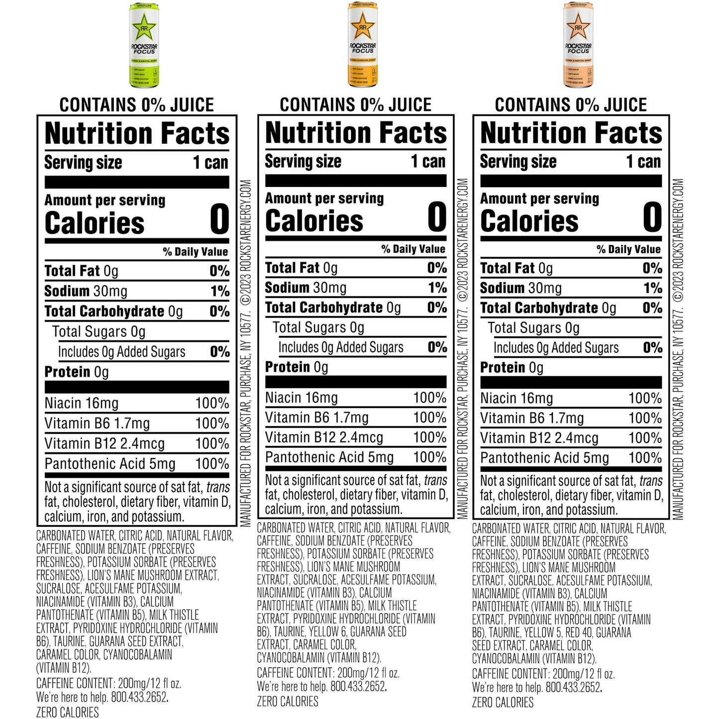 Rockstar Focus Zero Sugar Energy Drink, 3 Flavor Variety Pack, LionÕs Mane, Energy & Mental Boost, 12 oz 12 Pack Cans