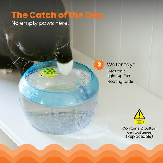 Catstages Meow-smerizing Fish Bowl for Cats with Two Water Cat Toys, Electronic Swimming Fish and Floating Turtle Included, Blue