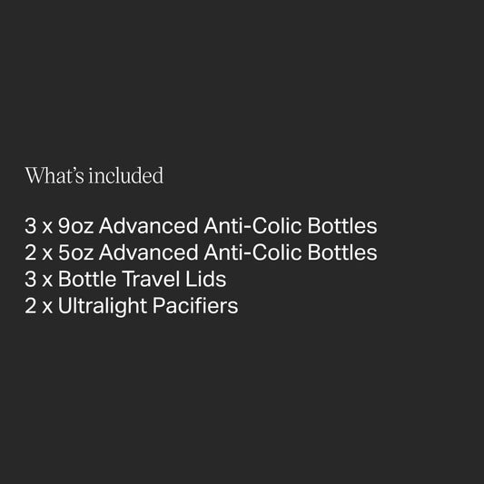 Tommee Tippee Advanced Anti-Colic Fussy Baby Bottle and Pacifier Set, 0 Months plus, 5oz and 9oz Self-Sterilizing Bottles, Slow-Flow Nipples
