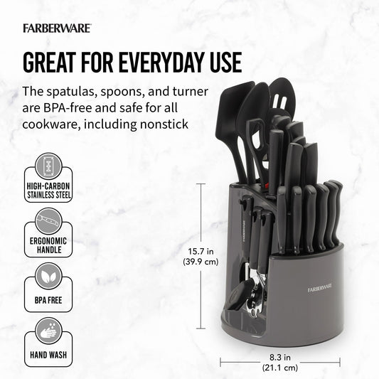 Farberware Classic 30-Piece Spin-N-Store Rotating Carousel Stainless Steel Knife Set & Tool Set Gray