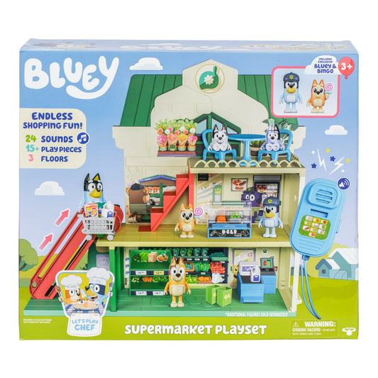 Bluey Supermarket Playset, 3 Different Levels with Exclusive Bluey and Bingo Figures. 24 Sounds and 15+ Play Pieces Plus Fun Intercom, Ages 3+