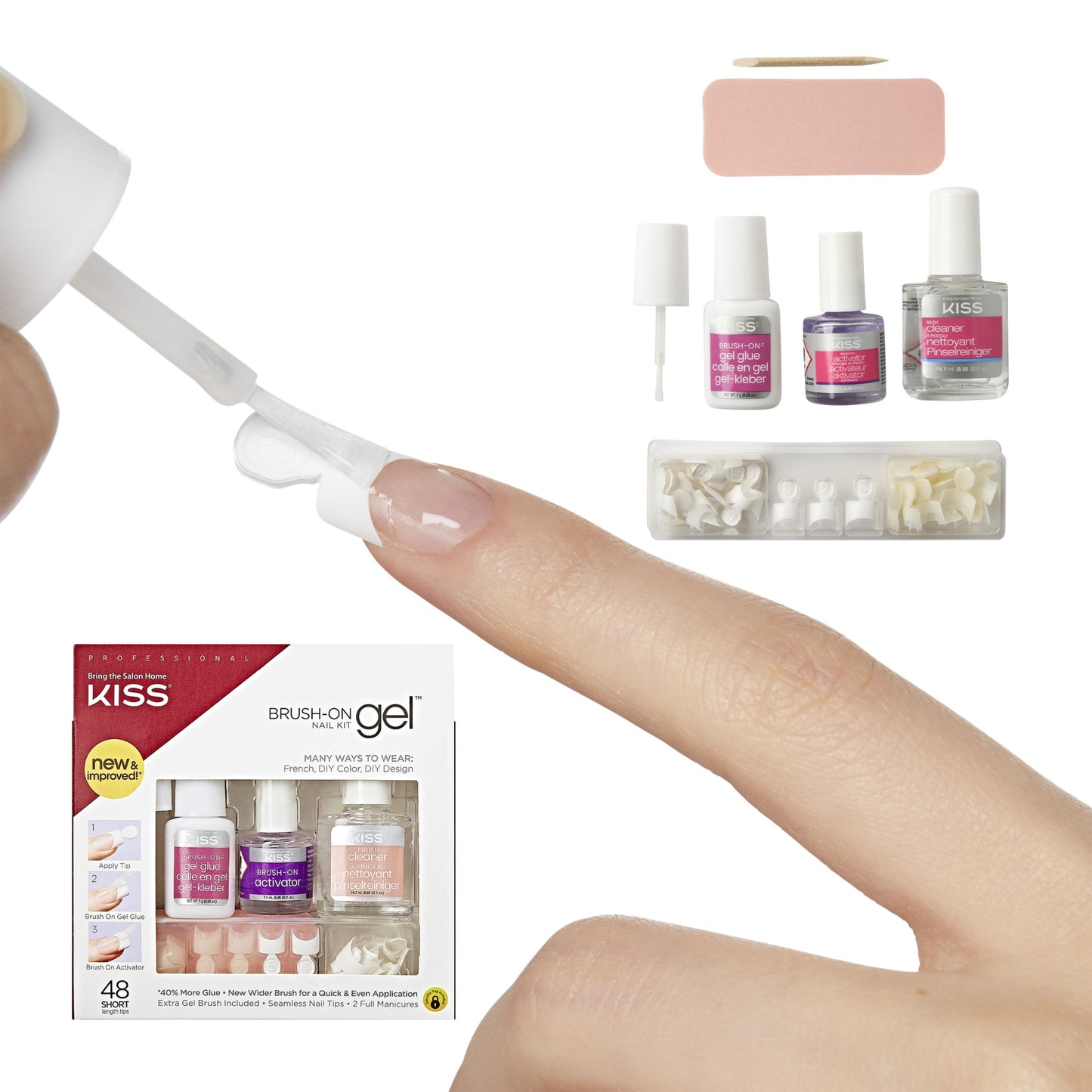 KISS, Press On Nails, Brush on Gel Nail Kit, White, Short Square, 48 Count