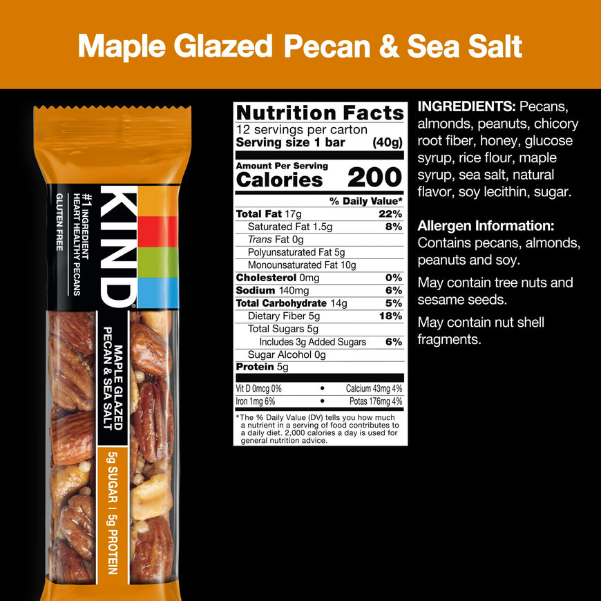 KIND Gluten Free Ready to Eat Maple Glazed Pecan & Sea Salt Snack Bars, 1.4 oz, 12 Count Cardboard Box