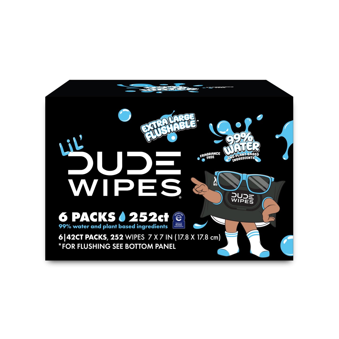 LiL' DUDE Wipes, Extra Large 99% Water Fragrance Free Flushable Wet Wipes for Kids, 252 Count, 6 Pack (Select for More Options)