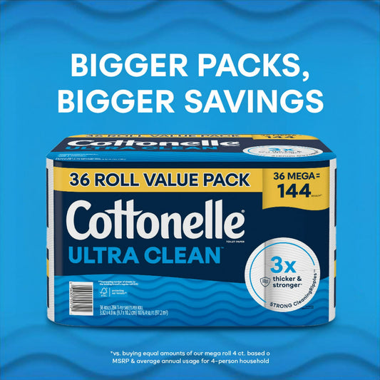 Cottonelle Ultra Clean Toilet Paper, Strong Toilet Tissue, 36 Mega Rolls